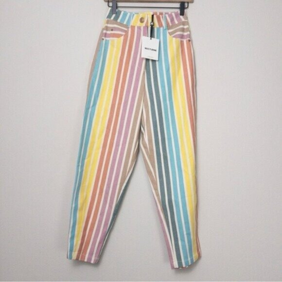 NWT Nocturne Printed Stripe Mom Denim Pants 34 Rainbow Jeans High Waisted - Picture 5 of 12